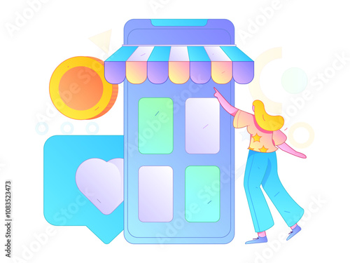 Holiday shopping people doing e-commerce online shopping flat vector concept operation hand drawn illustration
 photo