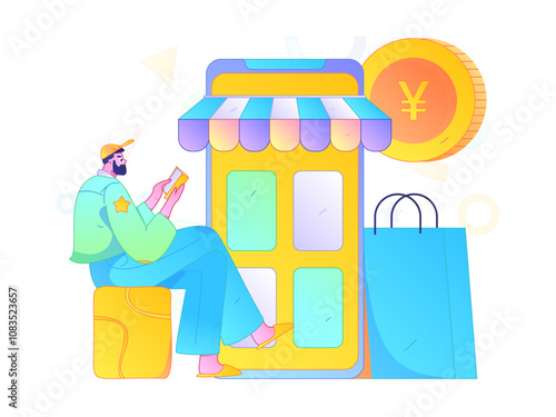 Holiday shopping people doing e-commerce online shopping flat vector concept operation hand drawn illustration
 photo