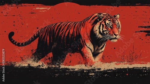 A majestic tiger walks through a field of tall grass with a red sky behind it.
