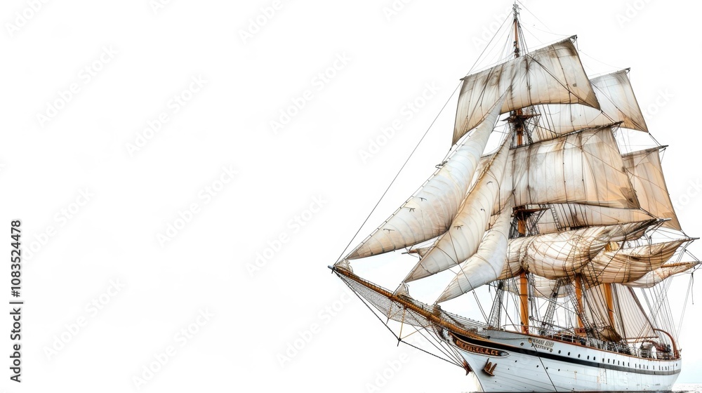 Fototapeta premium A sailboat with folded sails, anchored and ready for transport, isolated on a white background