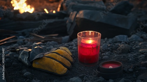 Vigil light and candle placed alongside the miner's personal belongings, including helmet, gloves, pickaxe, vest, belt, to honor the life lost in the fatal mine accident, symbolizing mourning, tribute