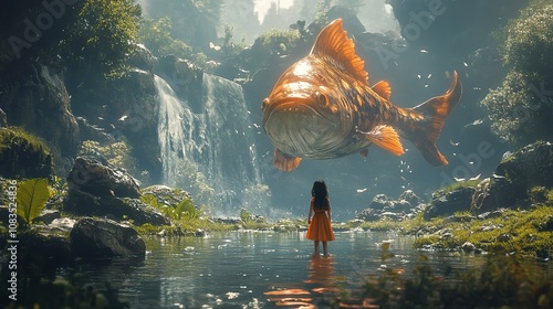 Little Girl with Giant Fish in Fantasy Nature Digital Paint