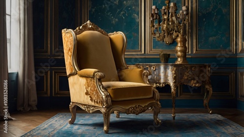 Elegant vintage armchair in a beautifully decorated room with ornate details and rich colors, perfect for relaxation