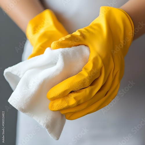 Close up woman hands in yellow gloves with white cleaning cloth	