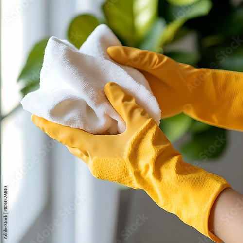 Close up woman hands in yellow gloves with white cleaning cloth	