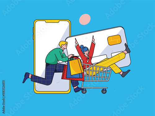 Holiday shopping people doing e-commerce online shopping flat vector concept operation hand drawn illustration
 photo