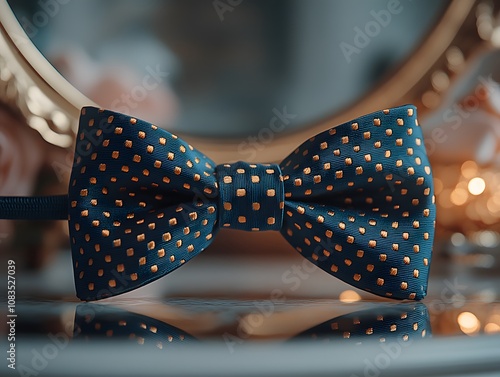 A Blue Bow Tie with Gold Polka Dots photo