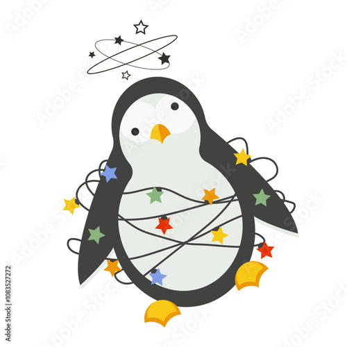 Cute dizzy penguin trapped in Christmas garland lights. Vector clip art.