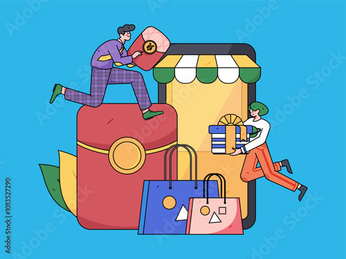 Holiday shopping people doing e-commerce online shopping flat vector concept operation hand drawn illustration
