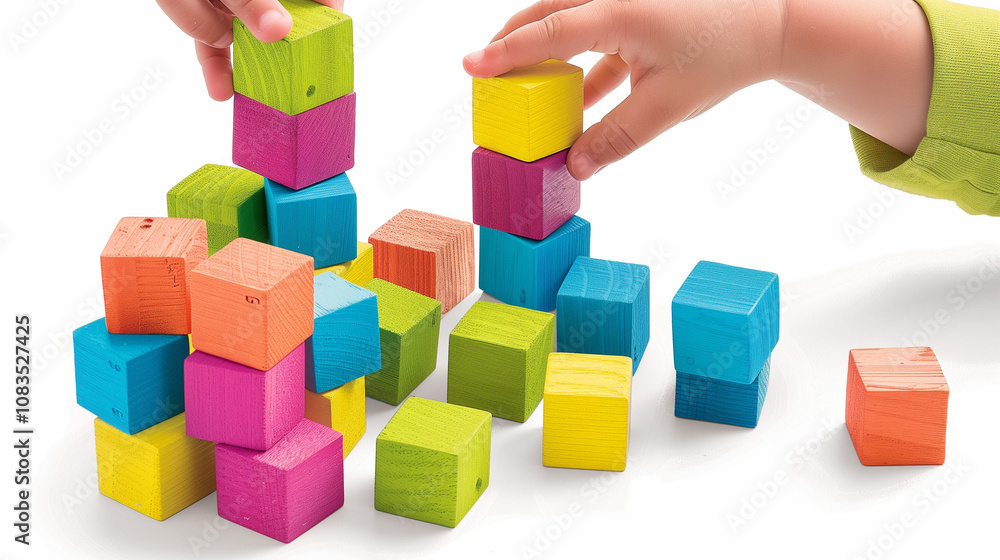 Obraz premium Young child meticulously stacking brightly colored wooden blocks, showcasing fine motor skills development and focus on simple pattern arrangement.