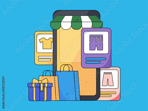 Holiday shopping people doing e-commerce online shopping flat vector concept operation hand drawn illustration
 photo