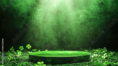 Green Platform with Shamrocks and Smoke Background
