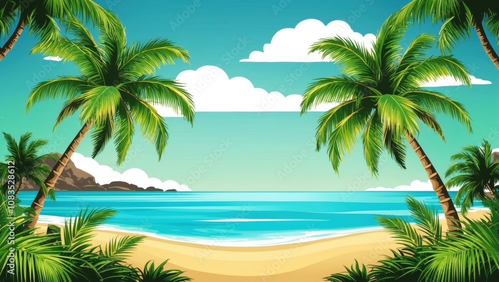 Obraz premium Relaxing beach scene with palm trees and clear blue water tropical paradise landscape photography calm environment aerial view serenity and escape