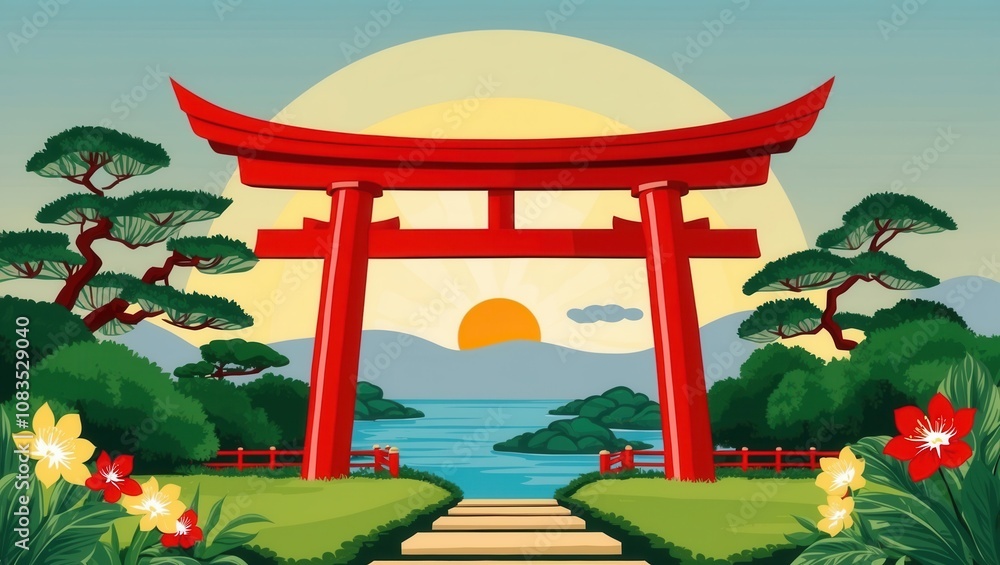 Obraz premium Sunset over a japanese torii gate tranquil river landscape digital art serene environment wide viewpoint cultural significance