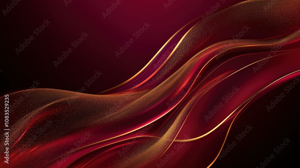 Fototapeta premium Elegant 3D banner with flowing golden patterns on a deep red background, leaving space for greetings.