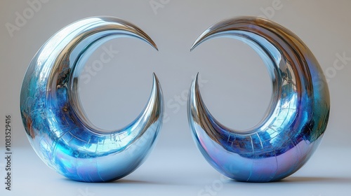 Crescent Moon Sculptures: A pair of iridescent, abstract sculptures shaped like crescent moons, reflecting a spectrum of colors on a minimalist background.   photo