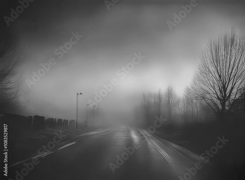 Misty Road Vanishing into the Ethereal Fog