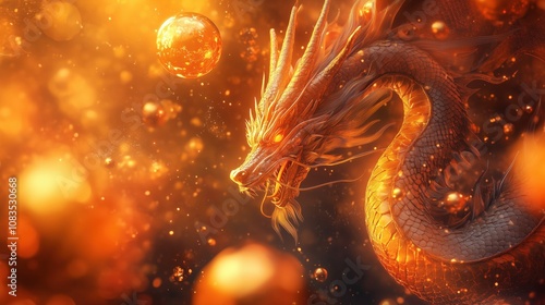 Vibrant 3D dragon sculpture surrounded by golden orbs on a fiery background, leaving a blank text area. photo