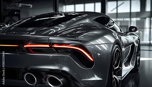 Sleek sports car in futuristic showroom, gray and black, luxury automotive advertisement