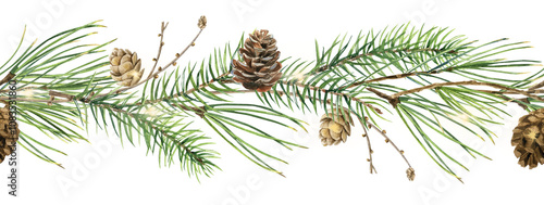 Watercolor Christmas seamless border, festive garland of pine and spruce branches with pine cones, red berries and lights. Hand drawn repeating pattern