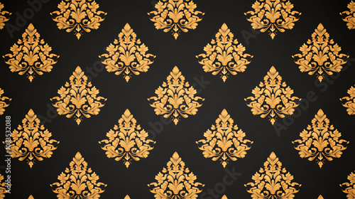 A Thai-inspired damask pattern on a black background The design is symmetrical and features intricate floral motifs in gold against the dark backdrop of a velvet fabric  photo