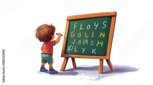 a 2D cartoon illustration of a child practicing the alphabet with a workbook, educational and fun, white background--ar 16:9 photo