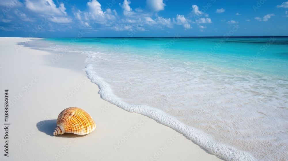 Obraz premium A solitary seashell lies on a sandy beach as waves gently lap at the shore under a bright blue sky. Generative AI