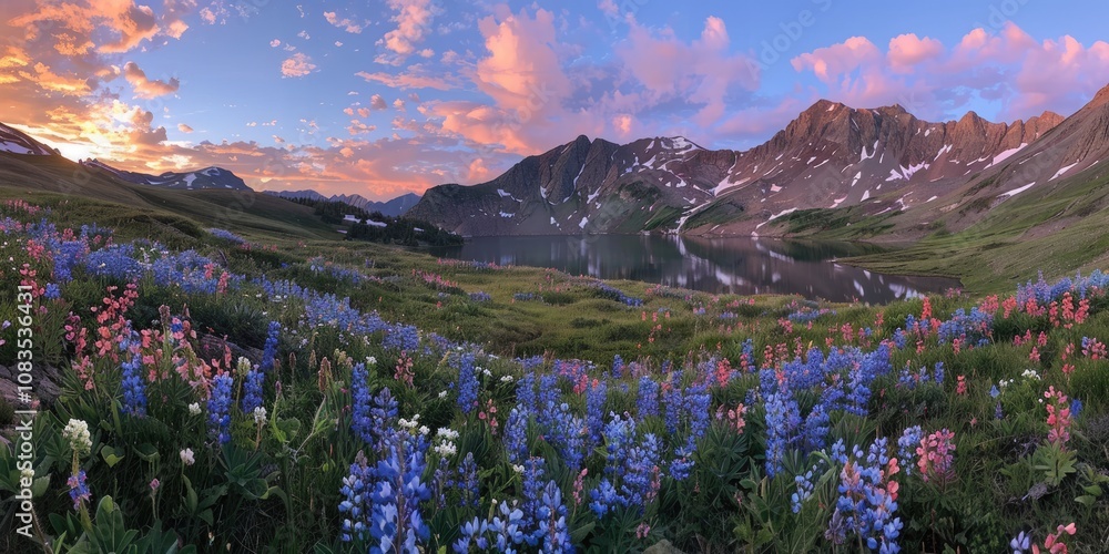 Obraz premium High-altitude lake surrounded by alpine meadows filled with spring flowers, with the sunrise casting a warm glow on the rugged mountains.