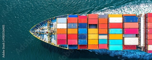 Aerial logistics hub scene, colorful containers, ships carving through ocean trails, industrial cranes, capturing the essence of global shipping efficiency photo