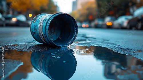 An Upside-Down Blue Paint Bucket Spilled on a City Street Reflecting Urban Life with Blurred Cars and Autumn Colors in the Background