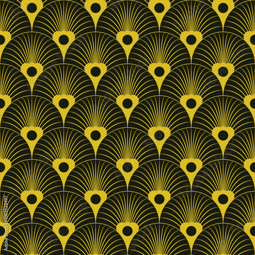 Seamless black and gold art deco feather pattern vector