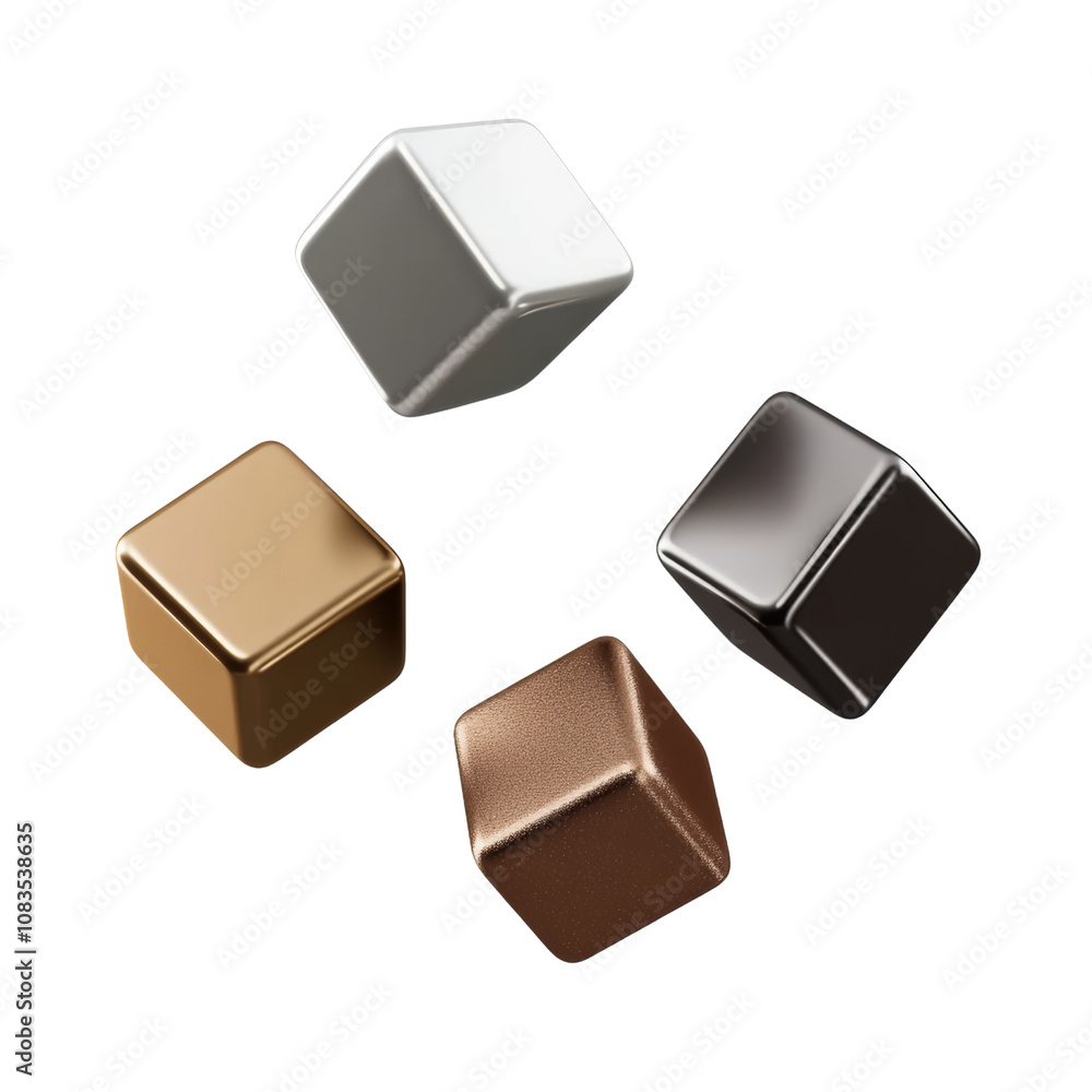 Obraz premium flying four luxury shiny black brown and silver cube fluid holographic Iridescent 3d render icon isolated on transparent background cutout