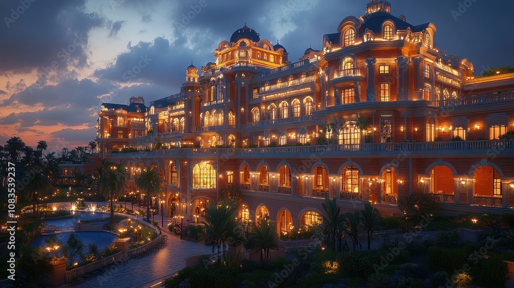Fototapeta premium Luxurious hotel illuminated at dusk with palm trees and water features.