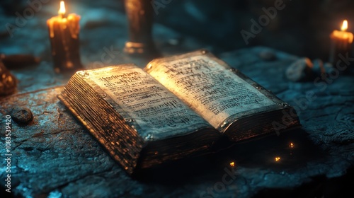 Ancient Book Illuminated by Candlelight photo