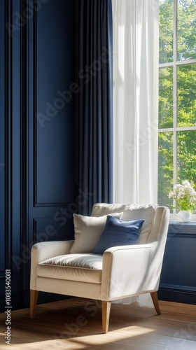 a soft beige armchair by the window with dark blue wall