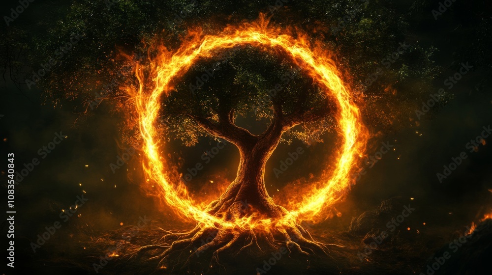 Fototapeta premium A Tree Surrounded by a Ring of Fire