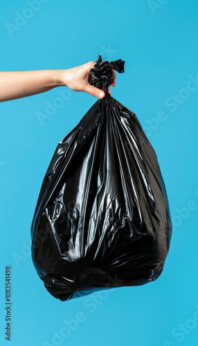 Woman's hand disposing of a black polyethylene garbage bag against an isolated blue background