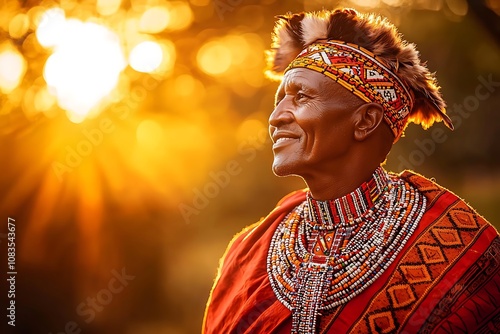 African Man in Traditional Clothing Gazing at the Sunset. photo