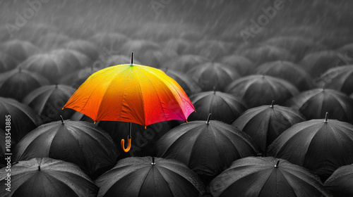 A colorful umbrella stands out against a sea of black ones.