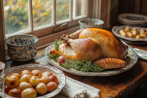 A baked turkey presented in a farmhouse setting, with vintage dishes, linen napkins, and hand-tied herb bundles decorating the table. Natural sunlight streams through a window