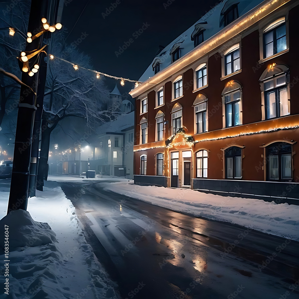 Fototapeta premium Festively decorated city street, glowing lights, winter evening atmosphere, cozy holiday spirit