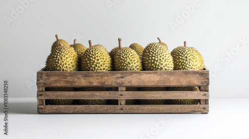 A durian fruit sits in a wooden crate against a white backdrop. photo