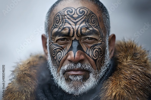 Portrait of a Maori Man with Traditional Facial Tattoo. photo