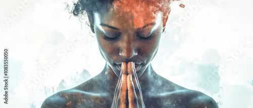 An African American woman in prayer with double exposure effect, showcasing her deep spiritual connection in a rustic, artistic style photo