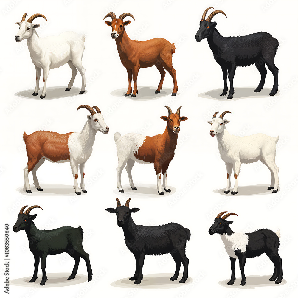 Obraz premium A variety of domestic goats standing in a grid pattern showcasing different colors and breeds against a neutral background