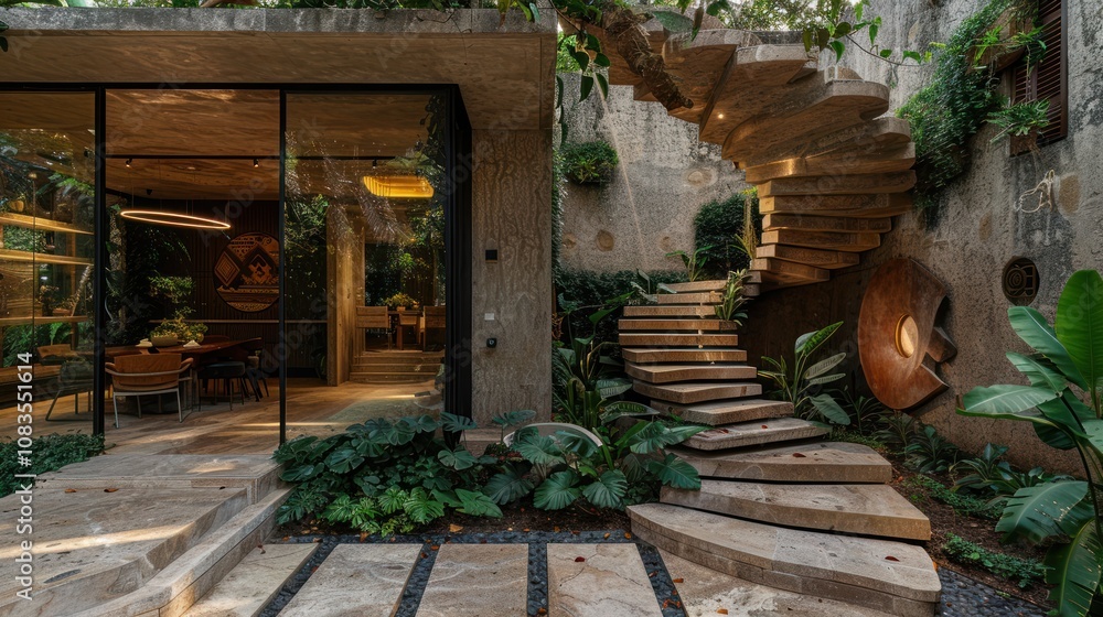 Fototapeta premium Modern concrete home with lush garden & spiral staircase.