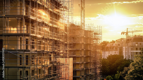 New housing development under construction in the UK at golden hour with detailed scaffolding and a picturesque sunset backdrop photo