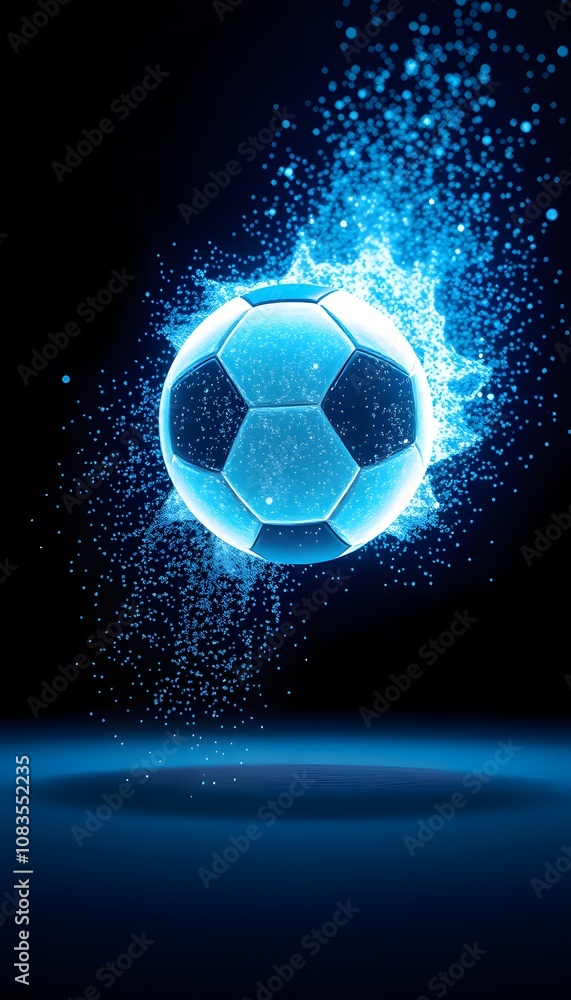 Fototapeta premium A Captivating Image of a Football Disintegrating with Glowing Particles, Ideal for Sports and Technology Themes