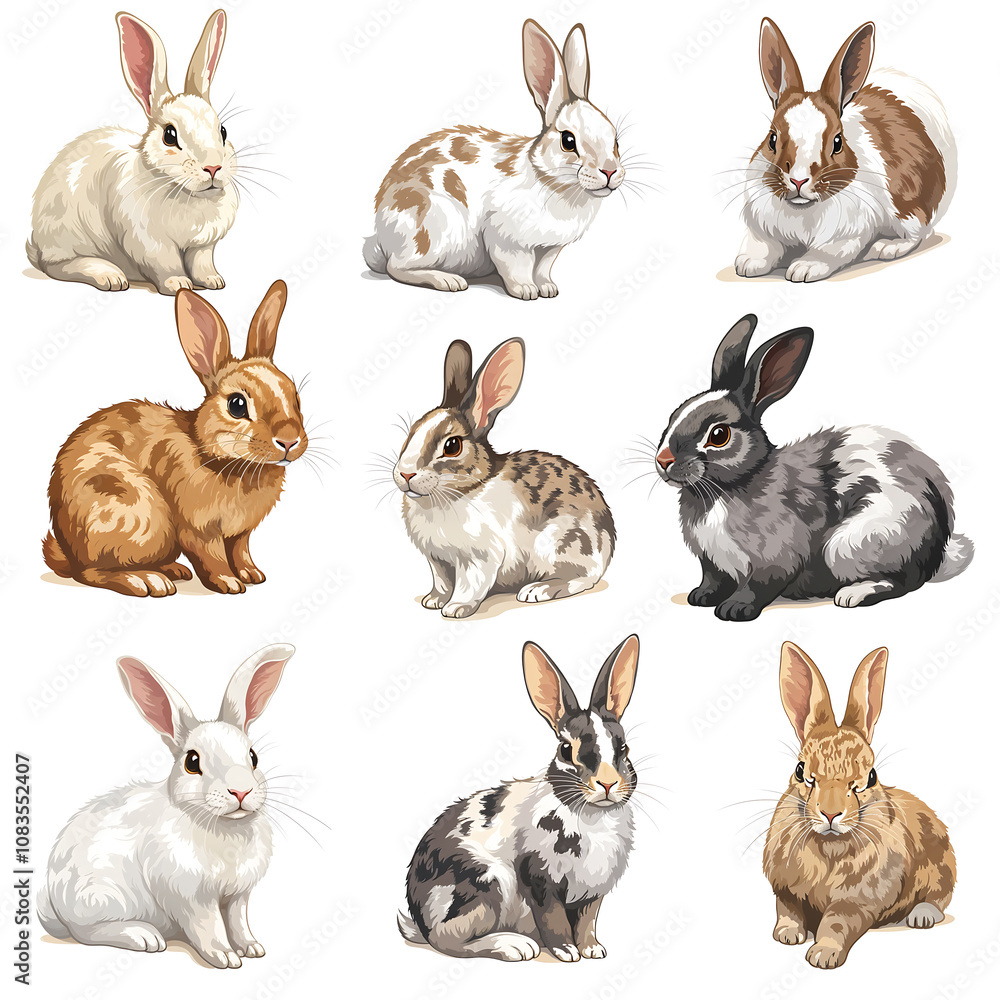 Fototapeta premium Colorful collection of various rabbit breeds in playful poses showcasing their unique fur patterns and colors