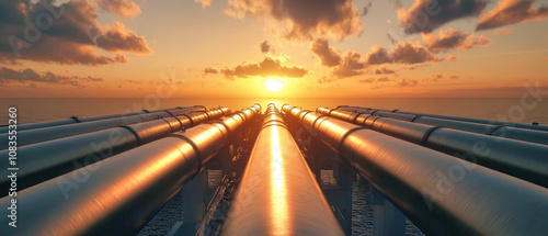 Industrial plant showcasing oil and gas production pipelines against a captivating sunset sky, highlighting the petrochemical industry